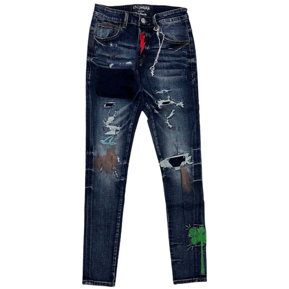 En Noir Men's Embroidered Detail Rip & Repair Distressed Skinny Fit Denim Jeans - Picture 1 of 6